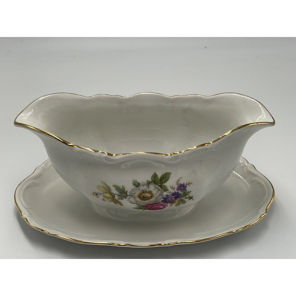 Mitterteich Meissen Floral VTG White Gravy Boat Attached Under Dish Gold Trim